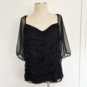 Jolie & Joy Black White Polka Dot Sheer‎ Sleeve Sweetheart Ruched Too NWT 3X